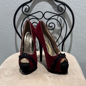Elegant Red and Black Peep-Toe Heels